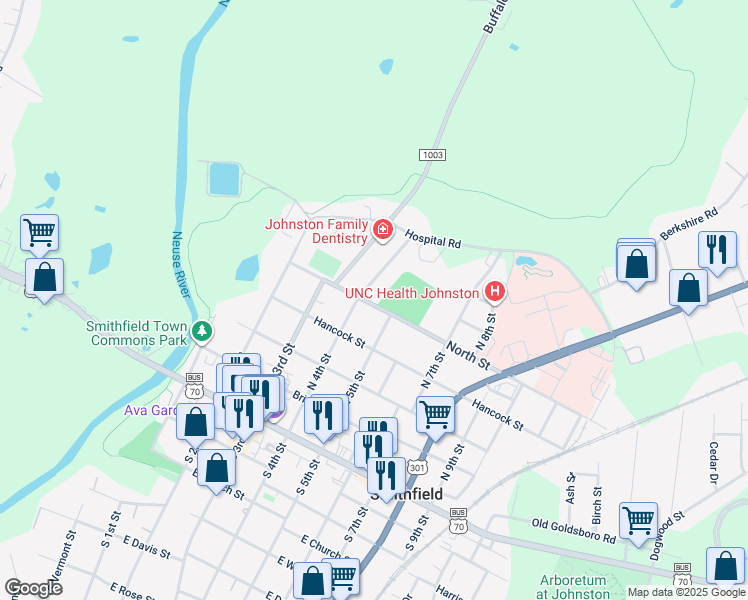 map of restaurants, bars, coffee shops, grocery stores, and more near 407 North Street in Smithfield