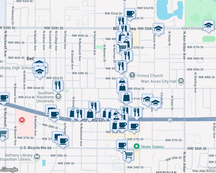 map of restaurants, bars, coffee shops, grocery stores, and more near 5913 Northwest 42nd Street in Warr Acres