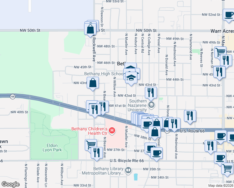 map of restaurants, bars, coffee shops, grocery stores, and more near 6813 Northwest 42nd Street in Bethany