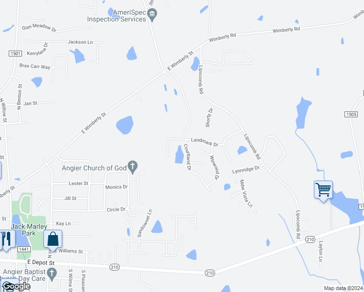 map of restaurants, bars, coffee shops, grocery stores, and more near 30 Courtland Drive in Angier