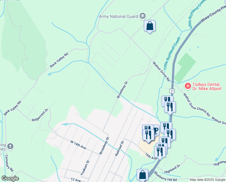 map of restaurants, bars, coffee shops, grocery stores, and more near Mountain Creek in Dayton