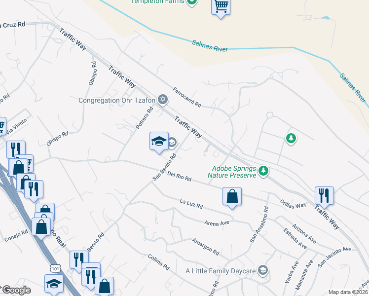 map of restaurants, bars, coffee shops, grocery stores, and more near 4175 San Benito Road in Atascadero