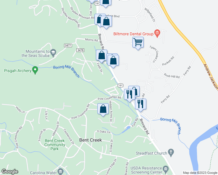 map of restaurants, bars, coffee shops, grocery stores, and more near 15 Dilworth Circle in Asheville