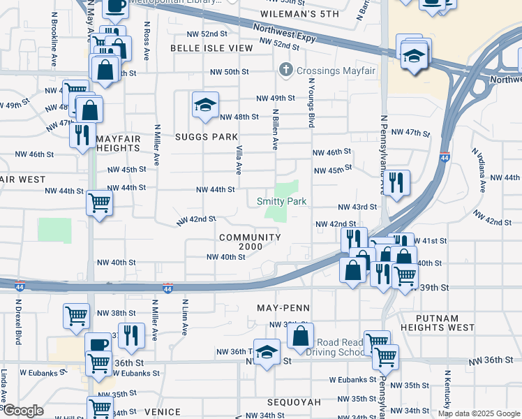 map of restaurants, bars, coffee shops, grocery stores, and more near 2411 Northwest 43rd Circle in Oklahoma City
