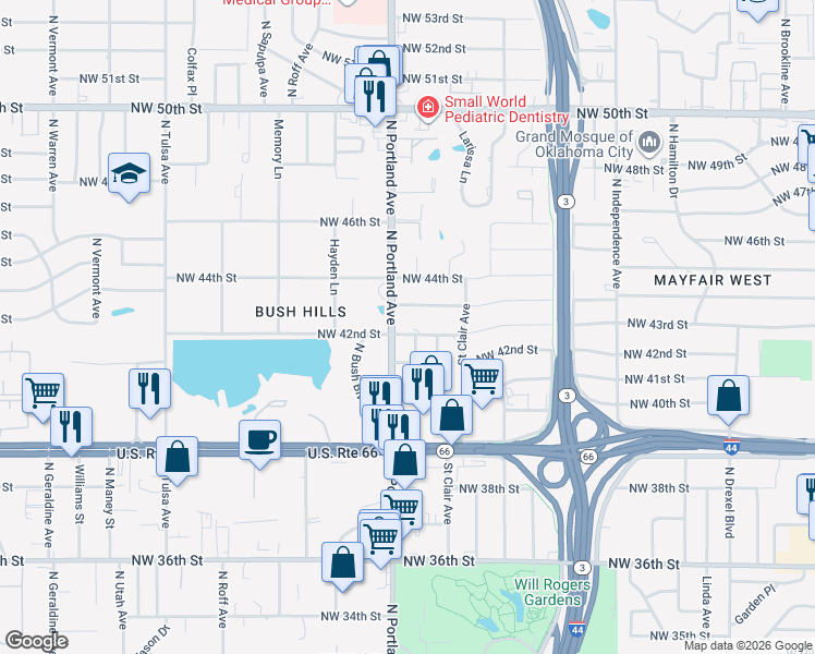 map of restaurants, bars, coffee shops, grocery stores, and more near 3621 Northwest 43rd Street in Oklahoma City