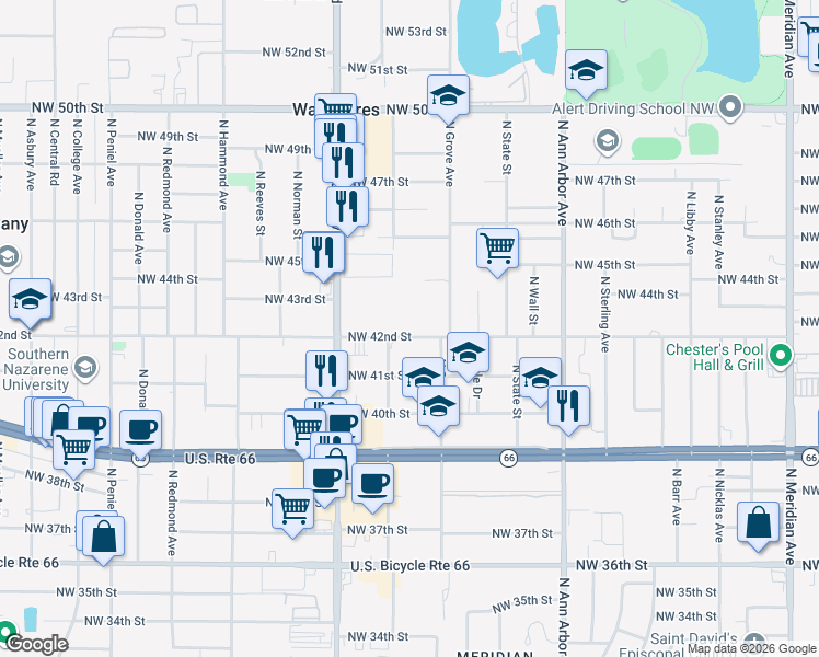 map of restaurants, bars, coffee shops, grocery stores, and more near 5721 Northwest 42nd Street in Warr Acres