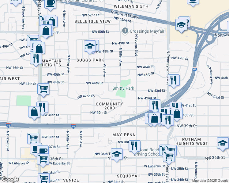 map of restaurants, bars, coffee shops, grocery stores, and more near 2411 Northwest 43rd Circle in Oklahoma City