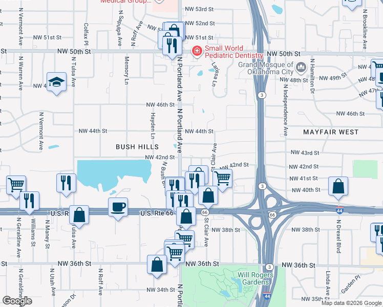 map of restaurants, bars, coffee shops, grocery stores, and more near 3621 Northwest 43rd Street in Oklahoma City