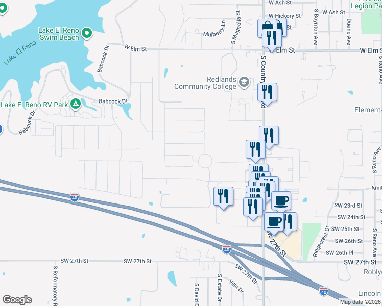map of restaurants, bars, coffee shops, grocery stores, and more near 1818 Post Oak Road in El Reno
