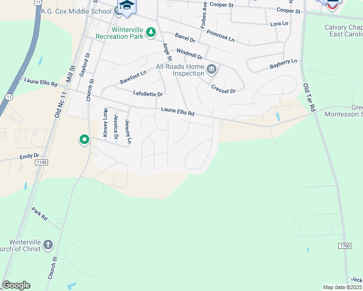 map of restaurants, bars, coffee shops, grocery stores, and more near 2845 Mockingbird Lane in Winterville