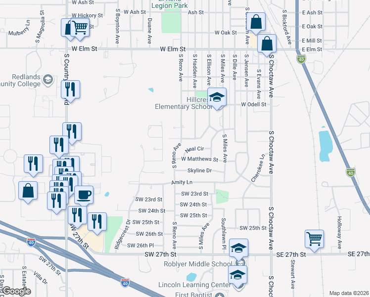 map of restaurants, bars, coffee shops, grocery stores, and more near 702 Neal Circle in El Reno