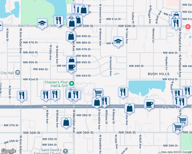 map of restaurants, bars, coffee shops, grocery stores, and more near 4312 Northwest 43rd Street in Oklahoma City