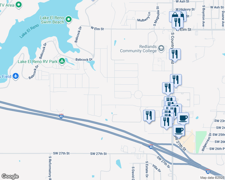 map of restaurants, bars, coffee shops, grocery stores, and more near 1736 Eighty-Niner Ter in El Reno