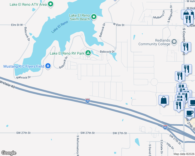 map of restaurants, bars, coffee shops, grocery stores, and more near Scarlet Lane in El Reno