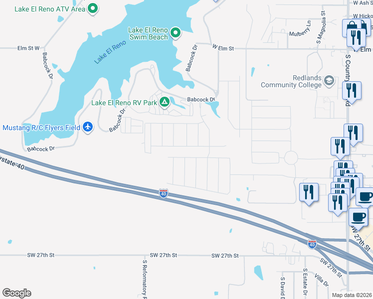 map of restaurants, bars, coffee shops, grocery stores, and more near 2213 Scarlet Lane in El Reno