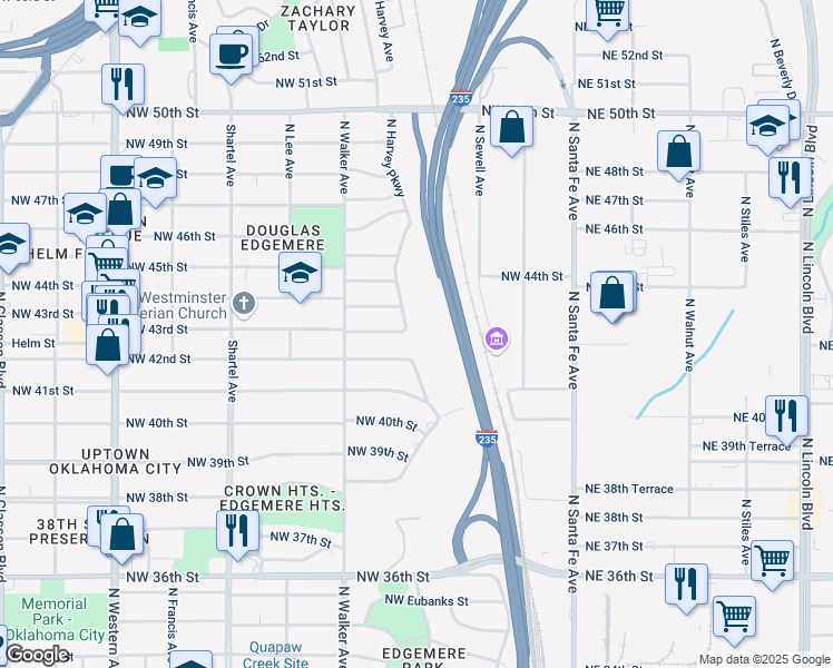 map of restaurants, bars, coffee shops, grocery stores, and more near 4400 North Harvey Parkway in Oklahoma City