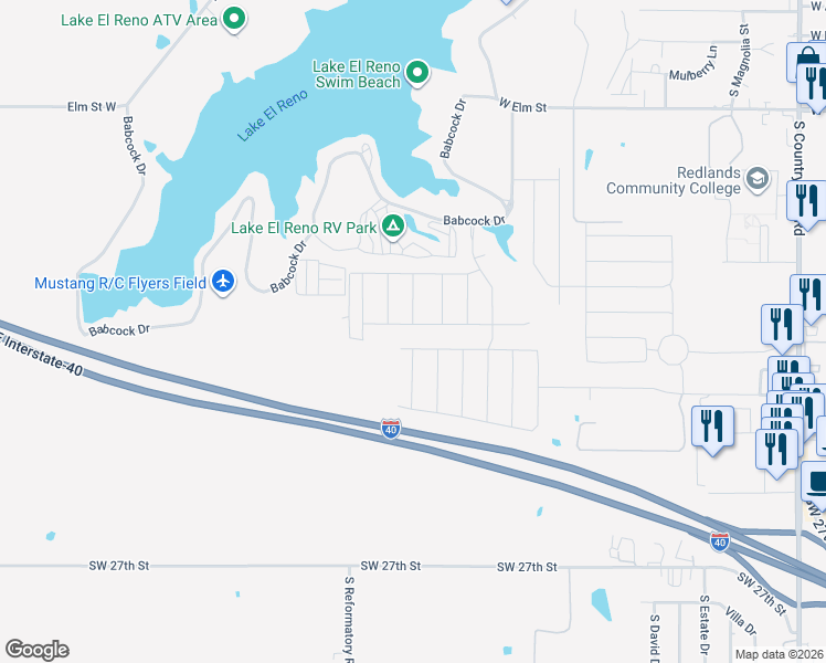 map of restaurants, bars, coffee shops, grocery stores, and more near Scarlet Lane in El Reno