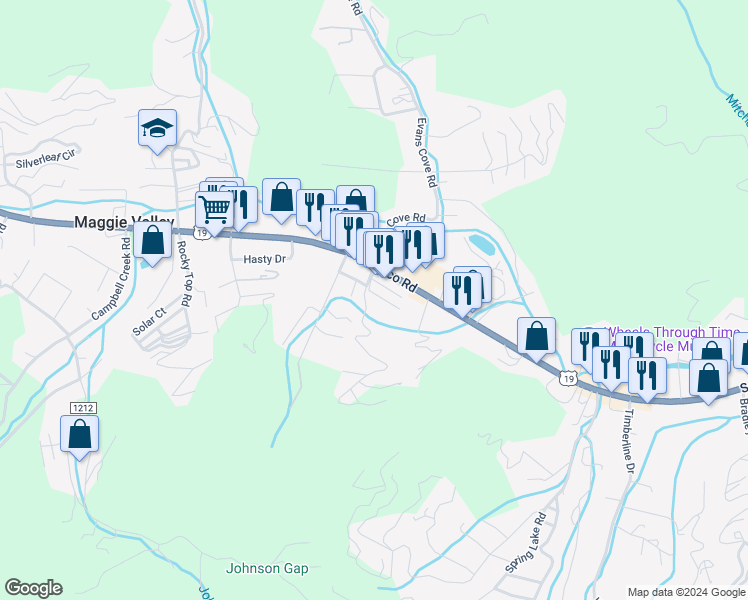 map of restaurants, bars, coffee shops, grocery stores, and more near 80 Market Street in Maggie Valley