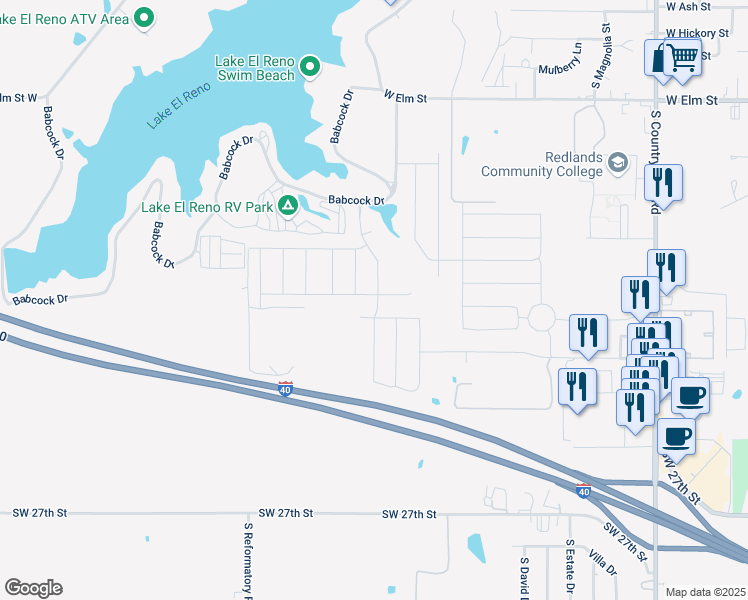 map of restaurants, bars, coffee shops, grocery stores, and more near 2101 Scarlet Lane in El Reno
