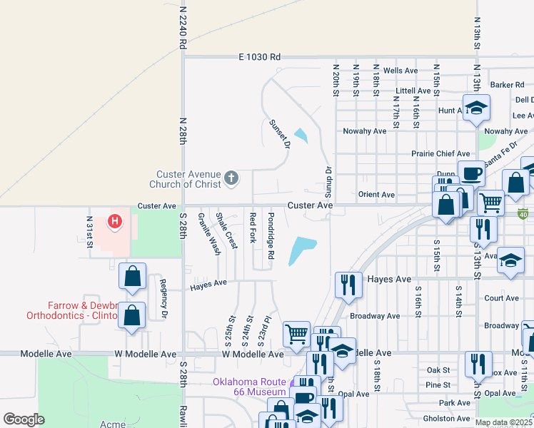 map of restaurants, bars, coffee shops, grocery stores, and more near 1 Pondridge Road in Clinton
