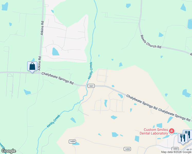 map of restaurants, bars, coffee shops, grocery stores, and more near 1343 Chalybeate Springs Road in Angier