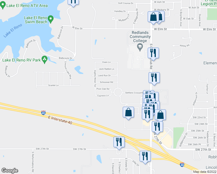 map of restaurants, bars, coffee shops, grocery stores, and more near 1826 Post Oak Road in El Reno
