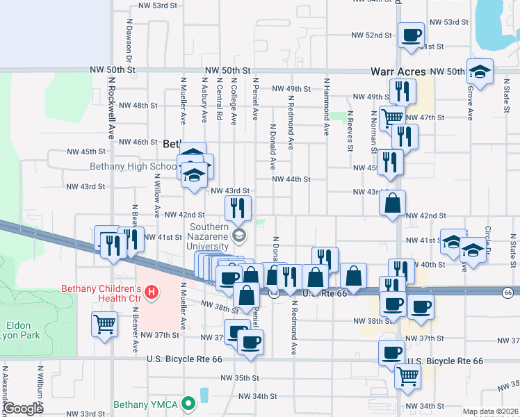 map of restaurants, bars, coffee shops, grocery stores, and more near 4304 North Peniel Avenue in Bethany