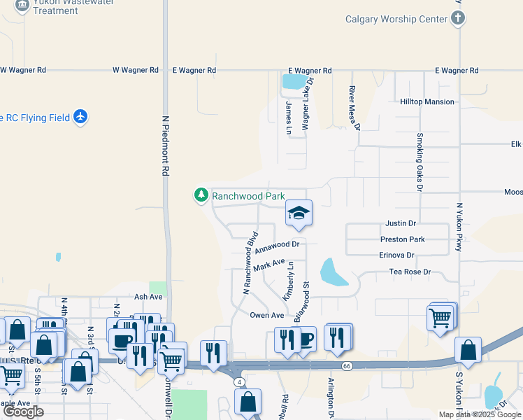 map of restaurants, bars, coffee shops, grocery stores, and more near 502 Vickie Drive in Yukon