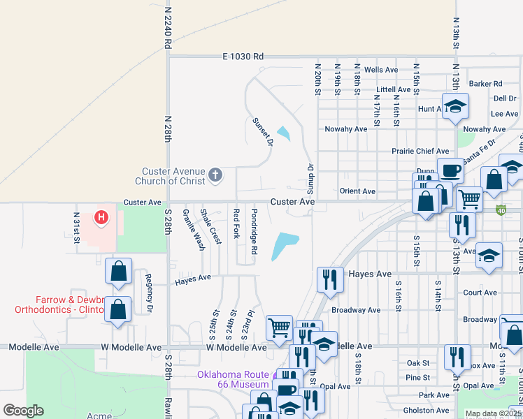 map of restaurants, bars, coffee shops, grocery stores, and more near 1 Pondridge Road in Clinton