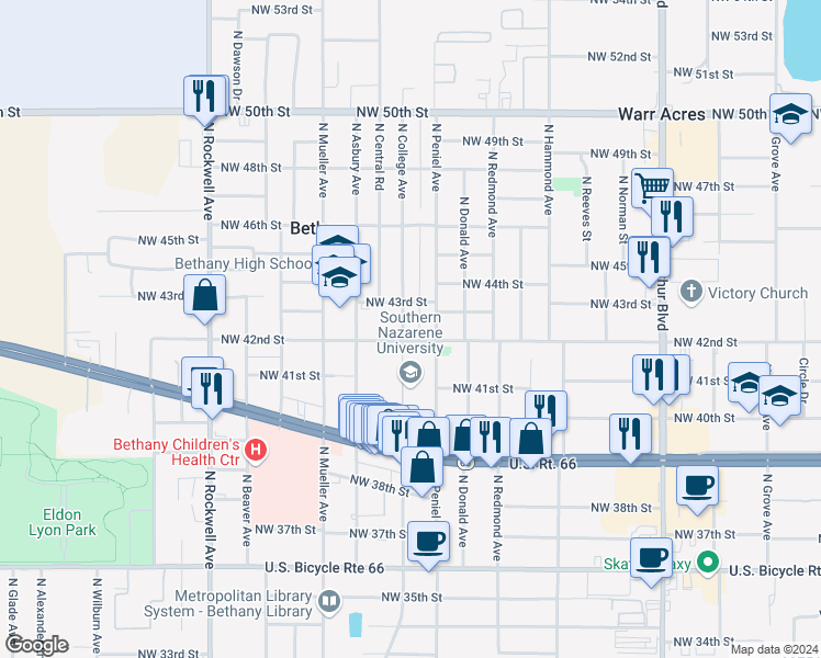 map of restaurants, bars, coffee shops, grocery stores, and more near 4304 North College Avenue in Bethany