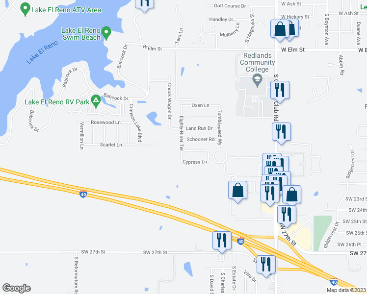 map of restaurants, bars, coffee shops, grocery stores, and more near 1864 Post Oak Road in El Reno