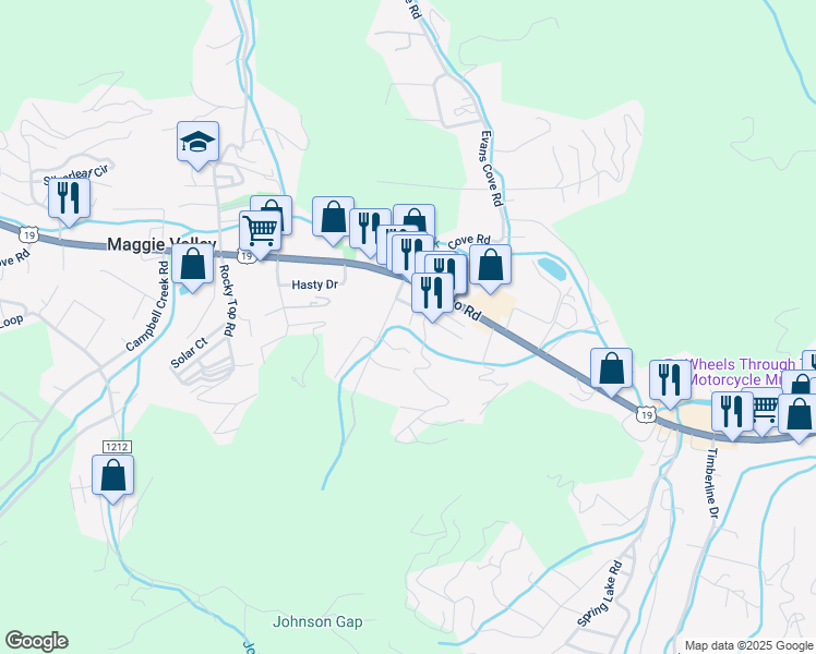 map of restaurants, bars, coffee shops, grocery stores, and more near 34 Twilight Road in Maggie Valley