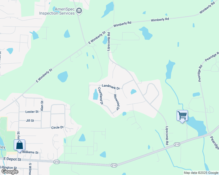 map of restaurants, bars, coffee shops, grocery stores, and more near 109 Landmark Dr in Angier