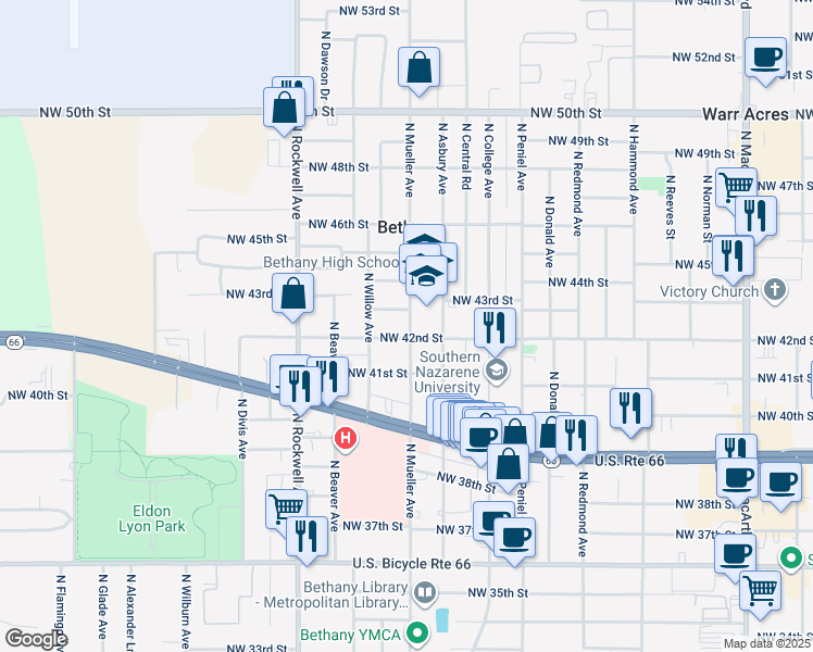 map of restaurants, bars, coffee shops, grocery stores, and more near 4305 North Mueller Avenue in Bethany