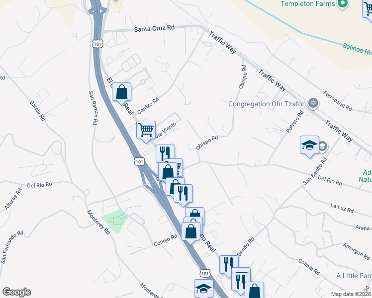 map of restaurants, bars, coffee shops, grocery stores, and more near 1793 South Mirasol Way in Atascadero