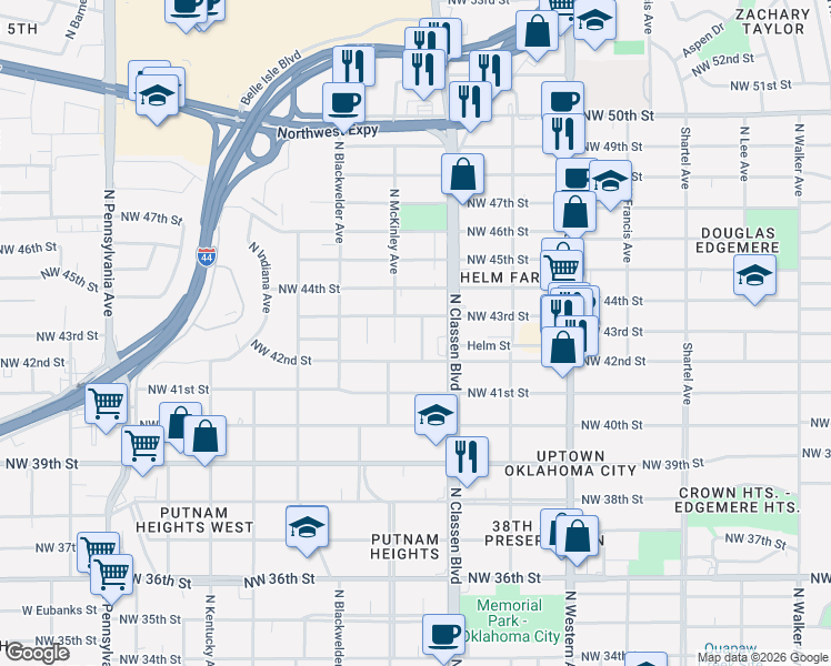map of restaurants, bars, coffee shops, grocery stores, and more near 4321 Butler Place in Oklahoma City
