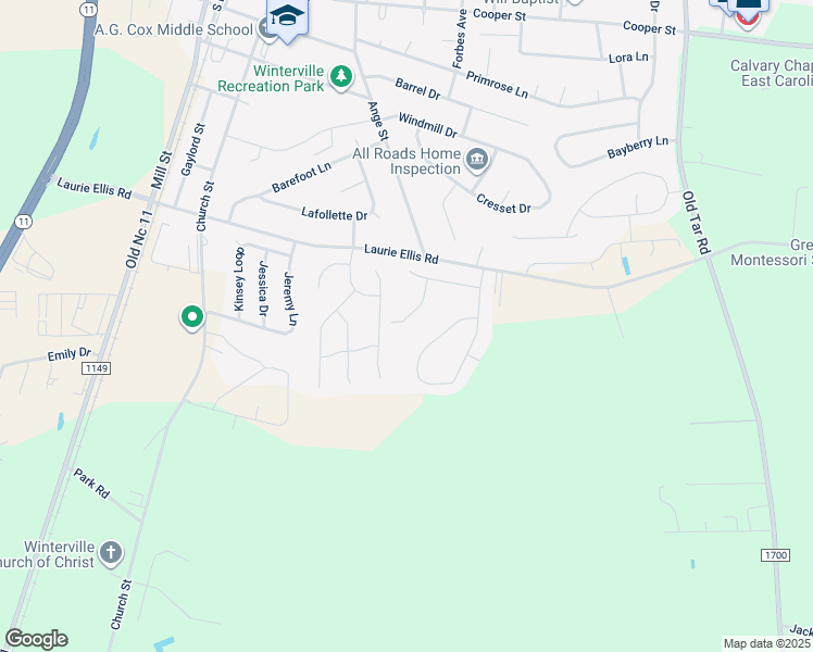 map of restaurants, bars, coffee shops, grocery stores, and more near 2845 Mockingbird Lane in Winterville