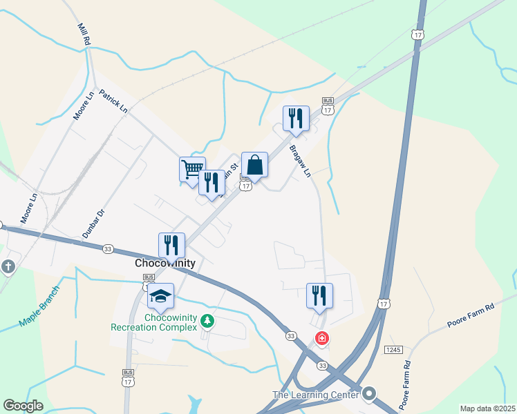 map of restaurants, bars, coffee shops, grocery stores, and more near Windfield Drive in Chocowinity