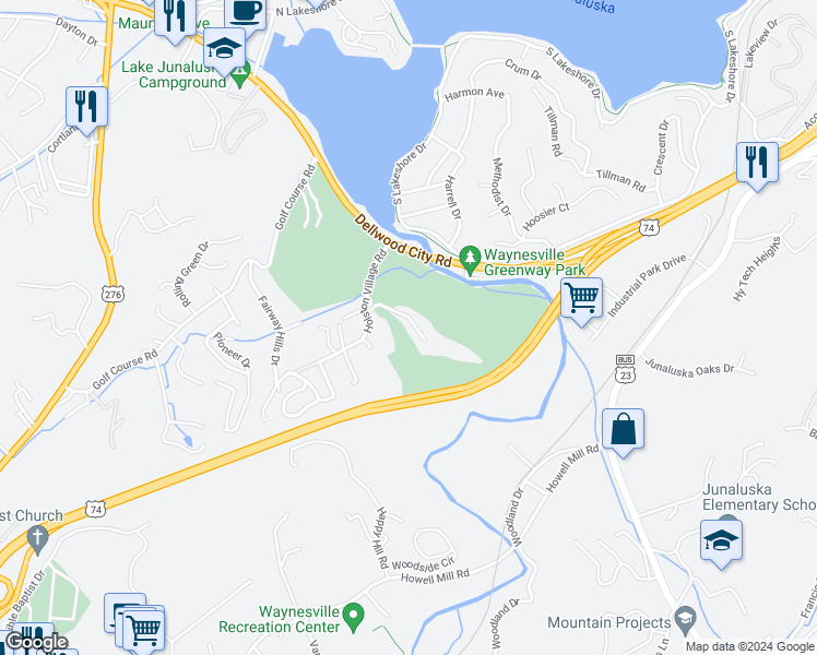 map of restaurants, bars, coffee shops, grocery stores, and more near 132 Aldersgate Road in Waynesville