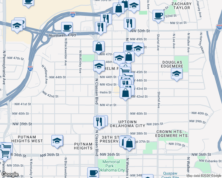 map of restaurants, bars, coffee shops, grocery stores, and more near 4320 North Military Avenue in Oklahoma City