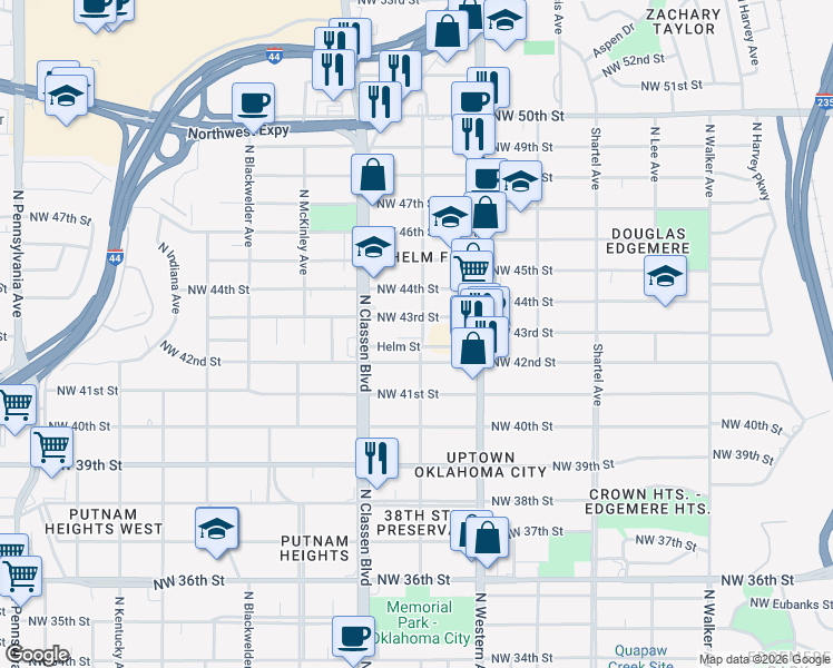map of restaurants, bars, coffee shops, grocery stores, and more near 1219 Military Court in Oklahoma City