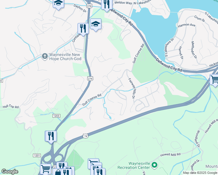 map of restaurants, bars, coffee shops, grocery stores, and more near 312 Golf Course Road in Waynesville