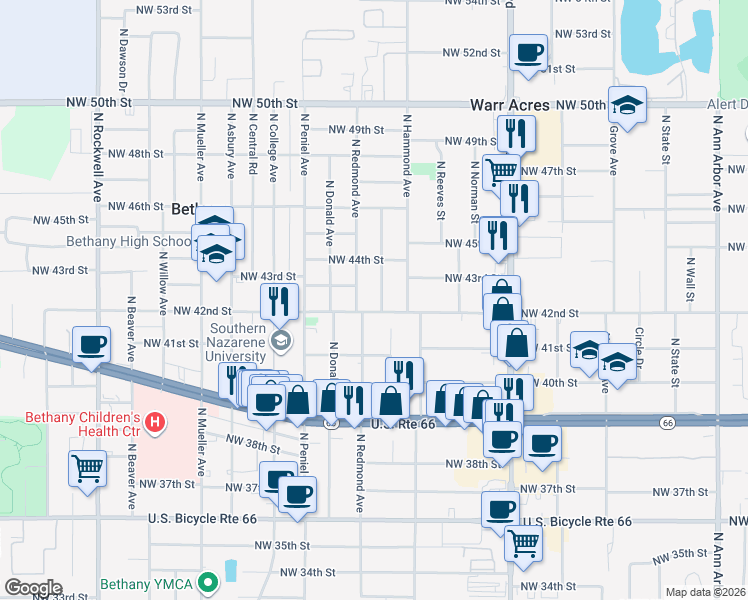 map of restaurants, bars, coffee shops, grocery stores, and more near 4305 North Wheeler Avenue in Bethany