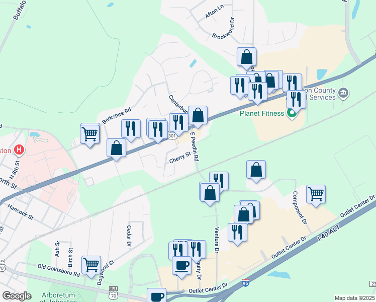 map of restaurants, bars, coffee shops, grocery stores, and more near 1027 Cherry Street in Smithfield
