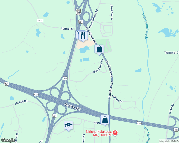 map of restaurants, bars, coffee shops, grocery stores, and more near 417 Olde Towne Drive in Sanford
