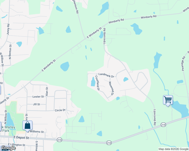 map of restaurants, bars, coffee shops, grocery stores, and more near 16 Courtland Drive in Angier