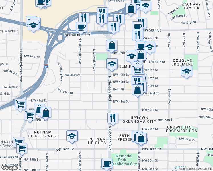 map of restaurants, bars, coffee shops, grocery stores, and more near 4323 North Classen Boulevard in Oklahoma City