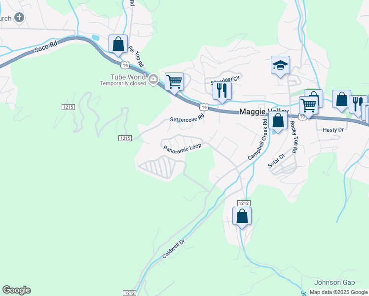 map of restaurants, bars, coffee shops, grocery stores, and more near 312 Panoramic Loop in Maggie Valley