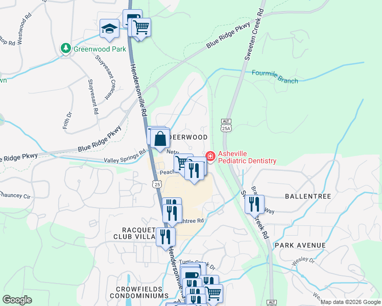 map of restaurants, bars, coffee shops, grocery stores, and more near 117 Clubwood Court in Asheville