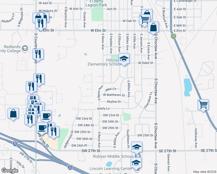 map of restaurants, bars, coffee shops, grocery stores, and more near 702 Neal Circle in El Reno